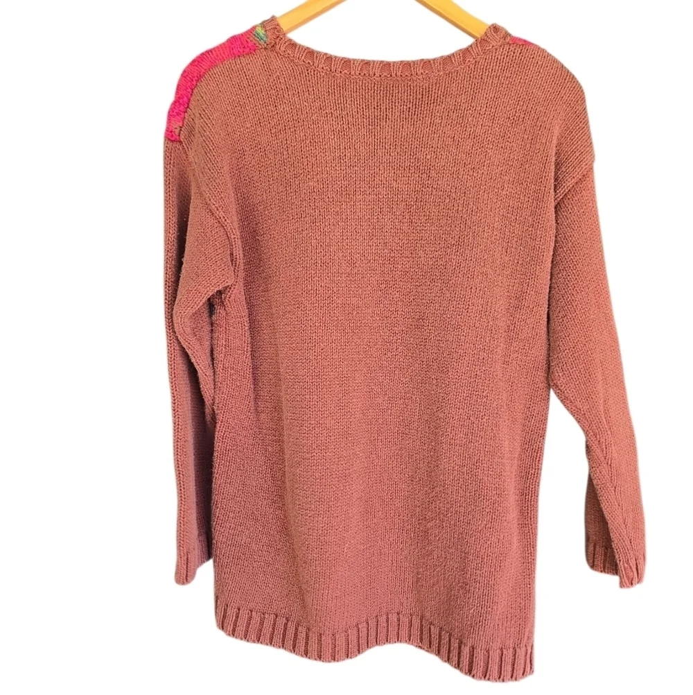 Vintage Floral Leopard Intarsia Knit Sweater Brown Red Cottagecore Grandmacore M - Picture 9 of 11